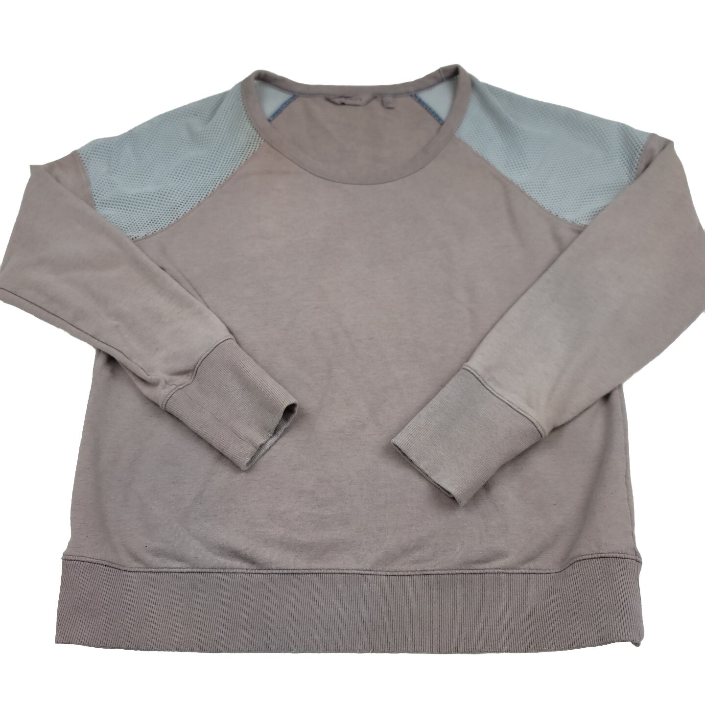 Athleta Womens L Sweatshirt Citytime Pullover Tan Mesh Shoulders Ribbed Cuffs
